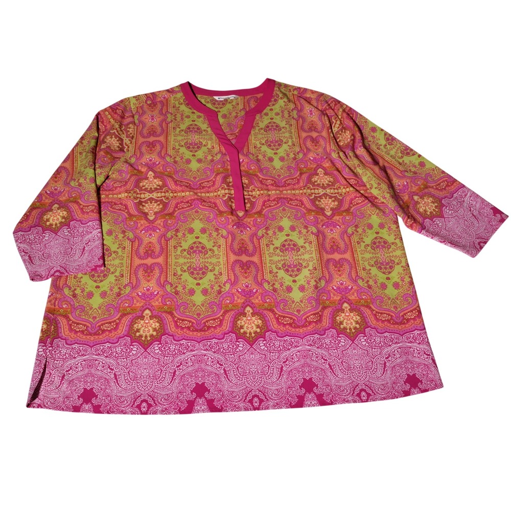 TravelSmith Womens 3X Paisley Tunic Top Pink Green 3/4 Sleeve V-Neck